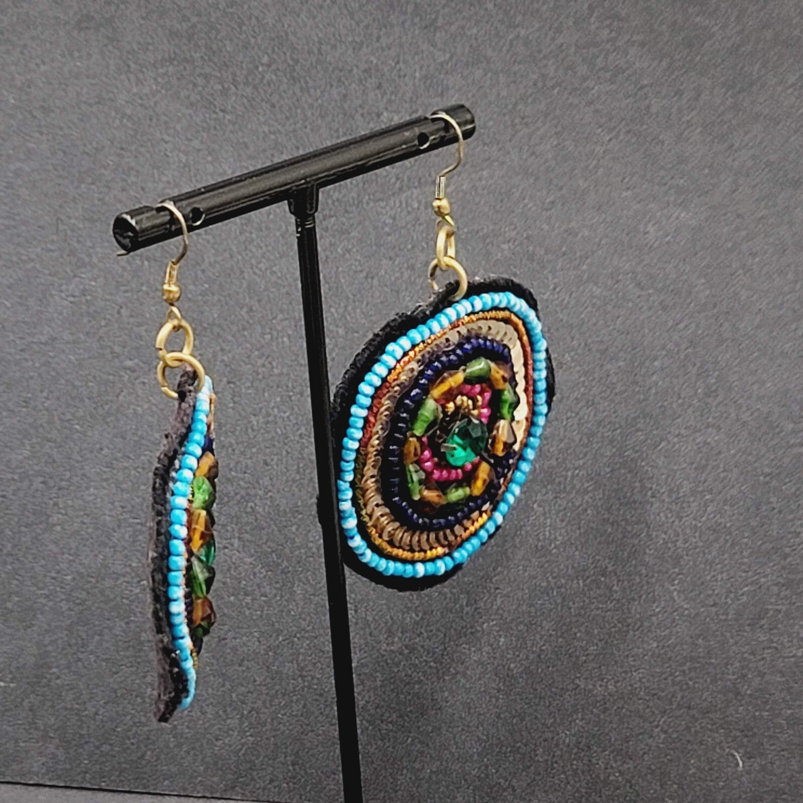 Boho Pierced Earrings Beaded Felt Medallion Dangle 1.75"