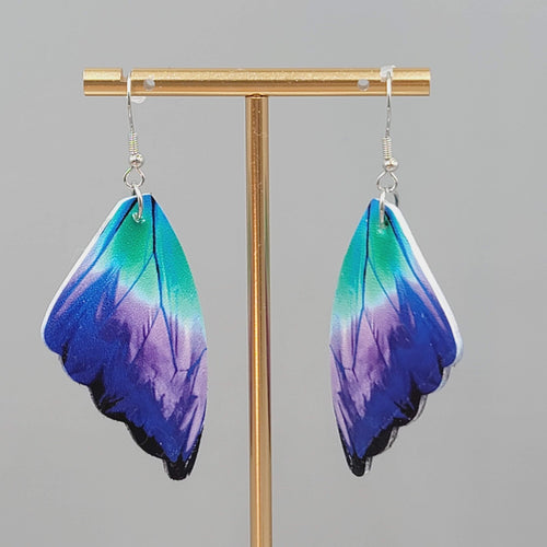 Butterfly Wing Pierced Earrings Purple Green Blue Statement Dangle 2.25"