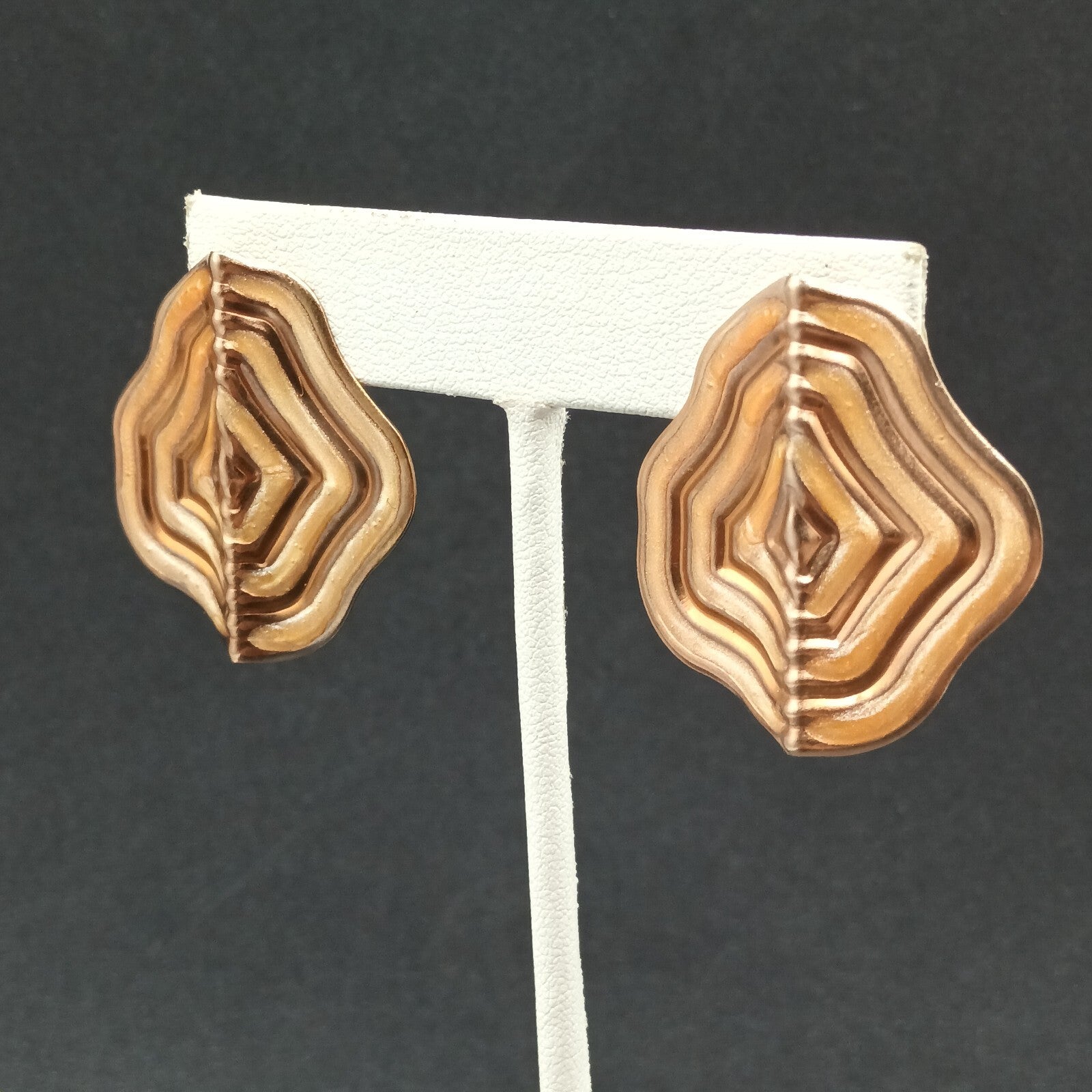Vintage Pierced Earrings Copper tone Enamel Textured Bent Metal Dangle 1 3/8"