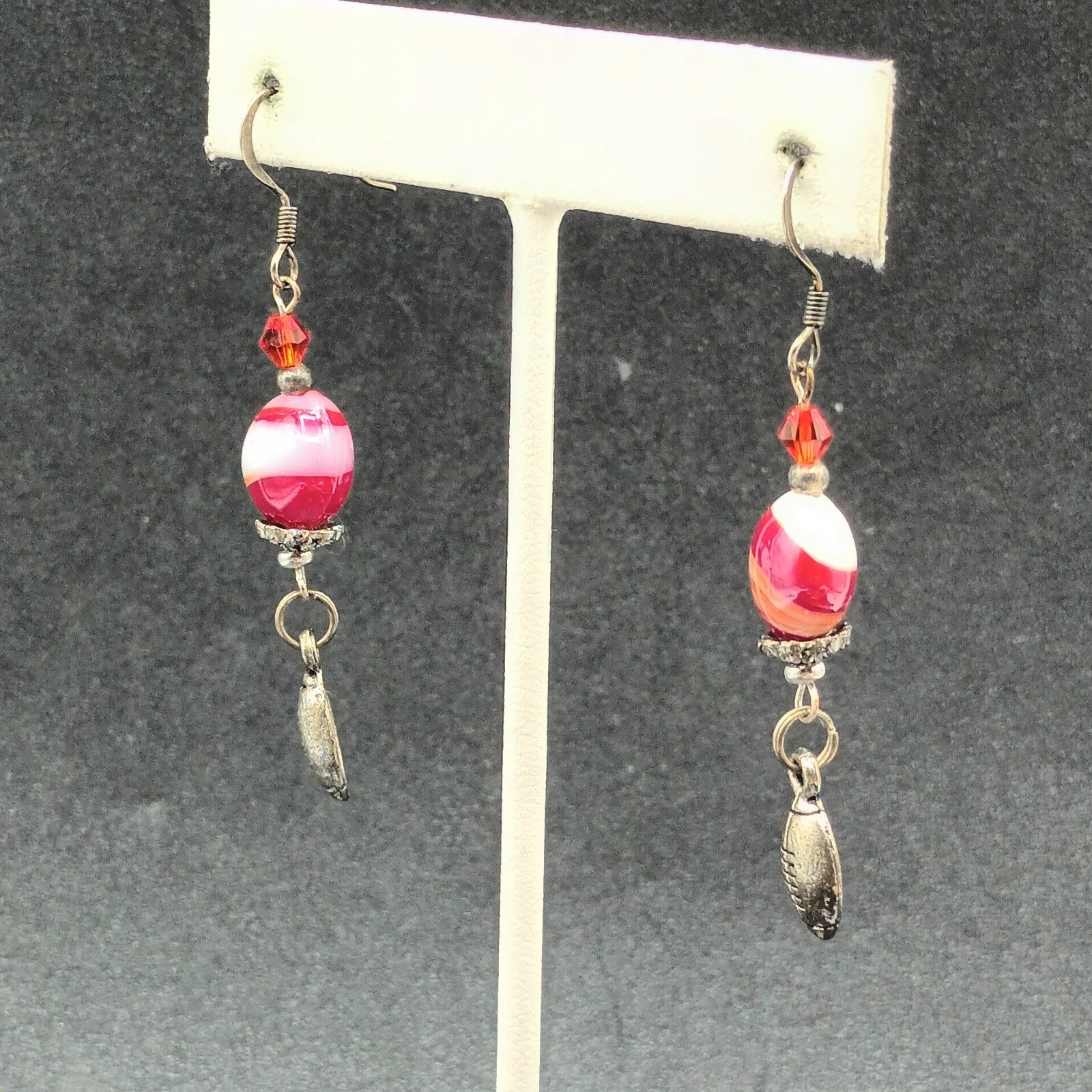 Pierced Earrings Red White Swirl Art Glass Silver tone Football Dangle Charm