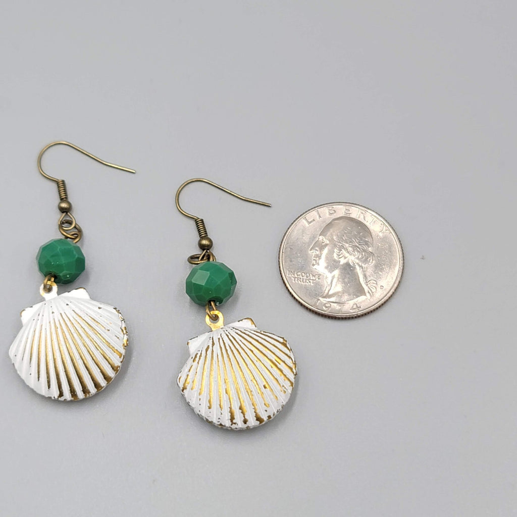 Pierced Earrings Bronze tone Green Bead Metal White Seashell Dangle 1 5/8"