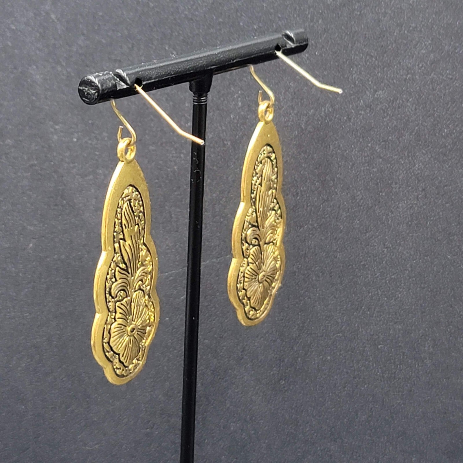 Pierced Earrings Gold Plated Black Embossed Flowers Dangle 1.75"