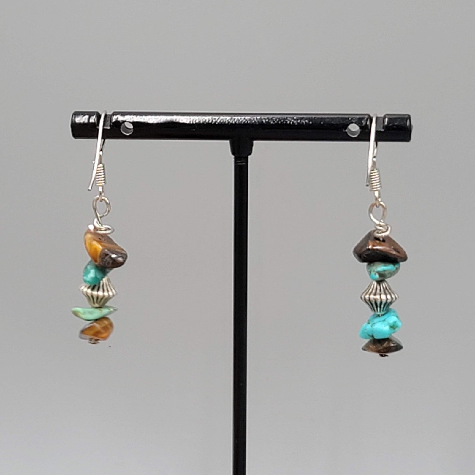 Turquoise and Tigers Eye Chip Beads Pierced Earrings Silver tone Dangle 1 1/8"