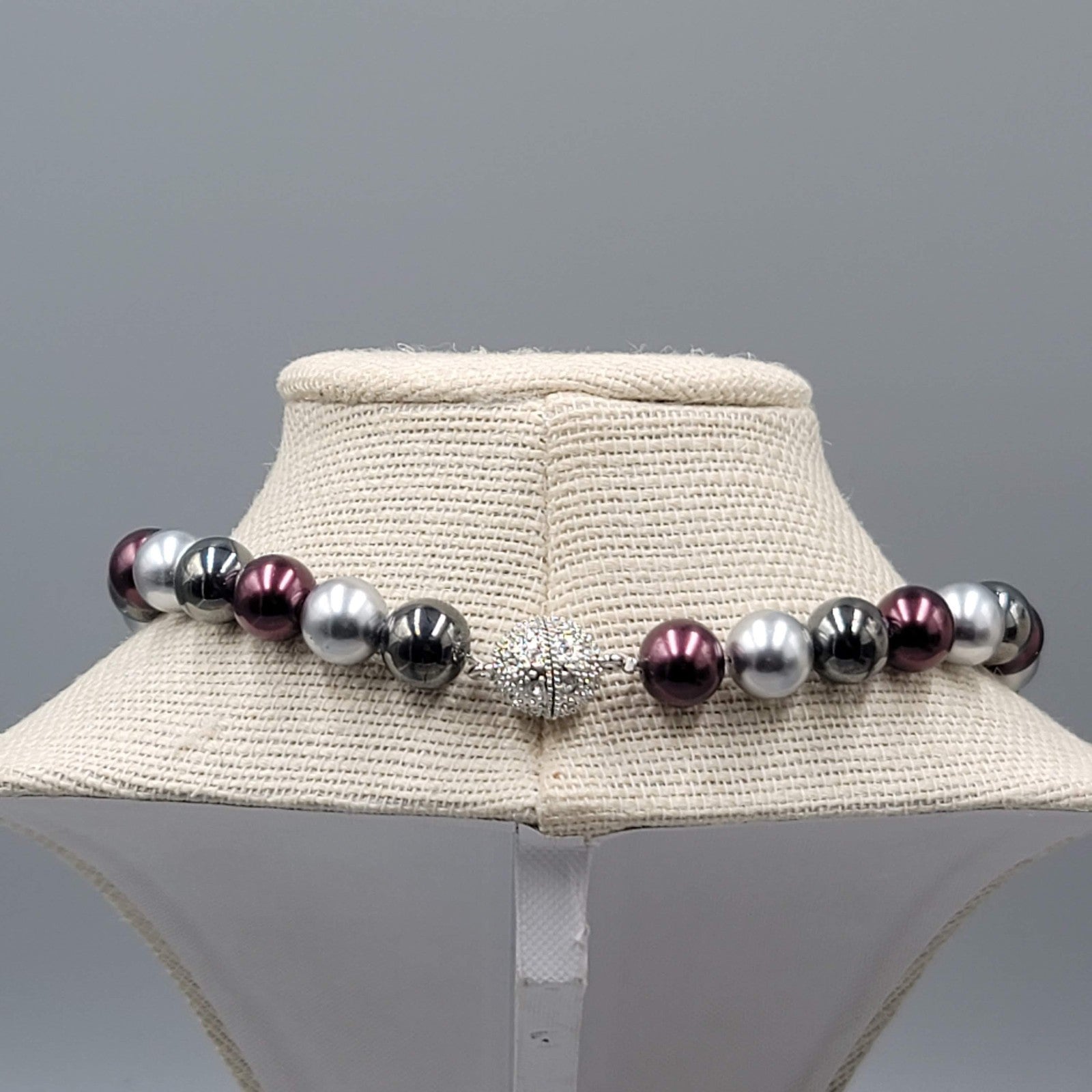 Large Bead Necklace Purple Gray Black Rhinestone Magnet Closure 16"