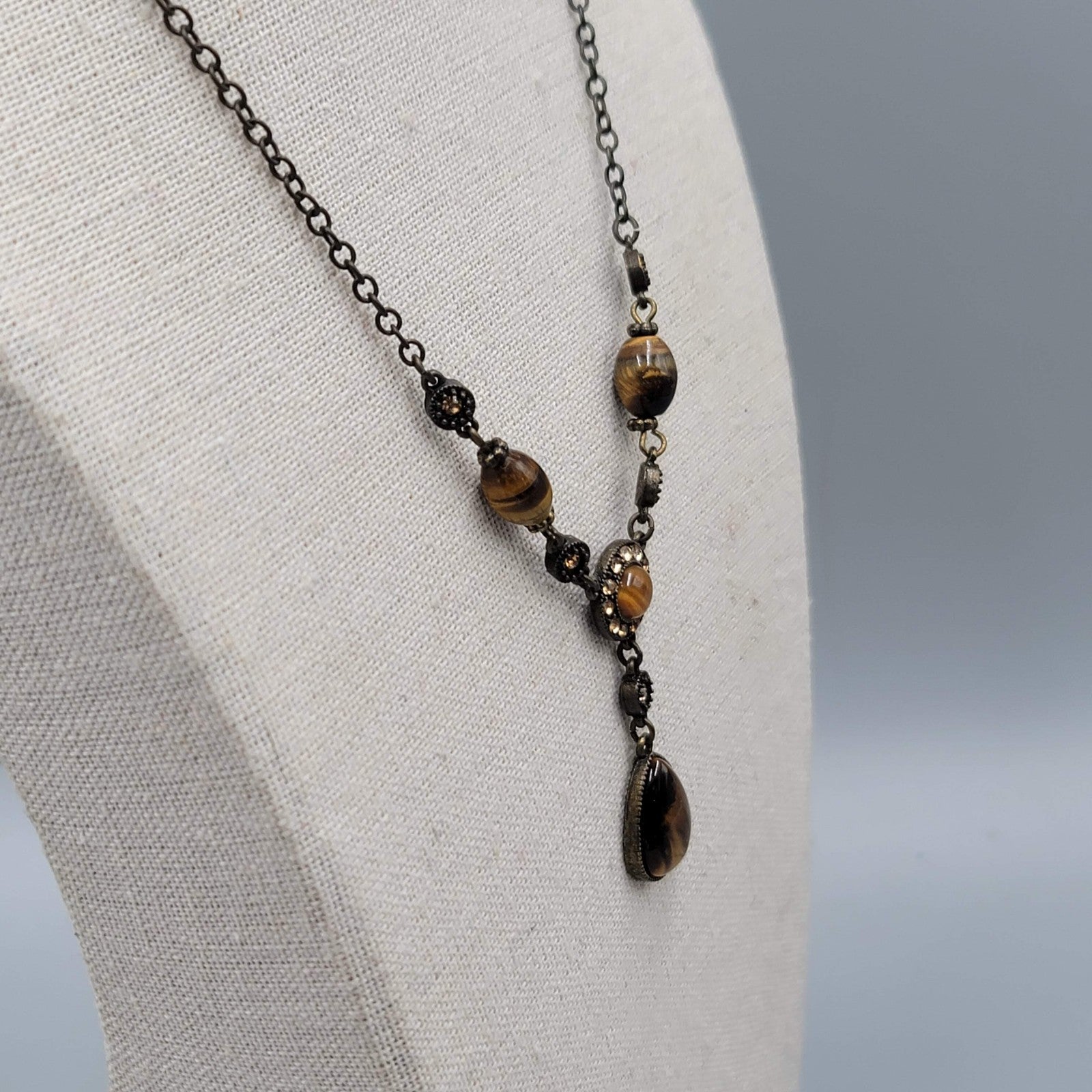 Tigers Eye Y Drop Necklace Bronze Tone Chain Pendant Crystal Accent 18"