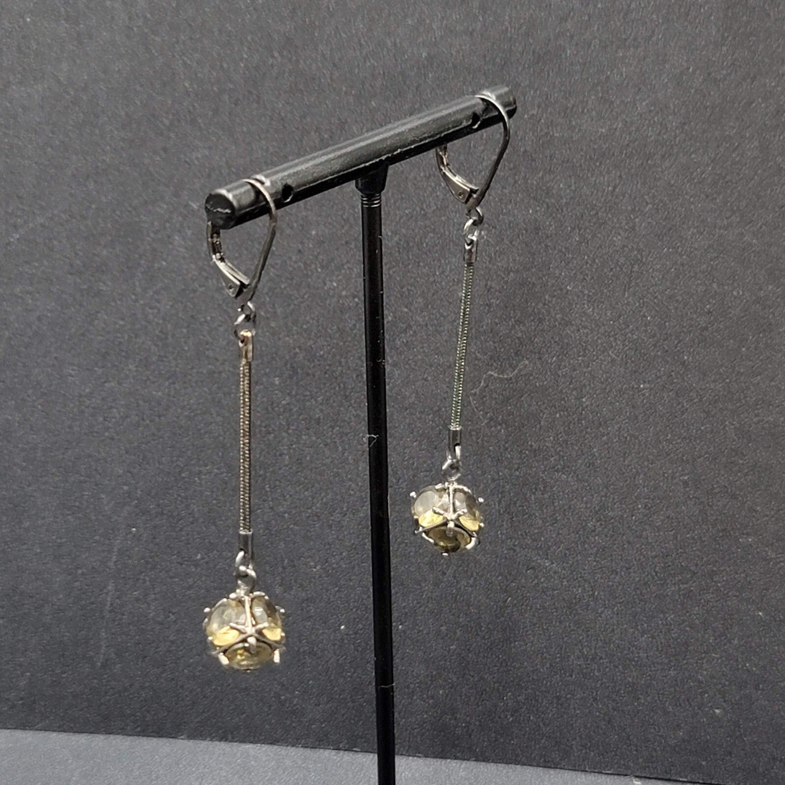 Pierced Earrings Black Metal Green Stone Sphere Dangle Chain 1.75"