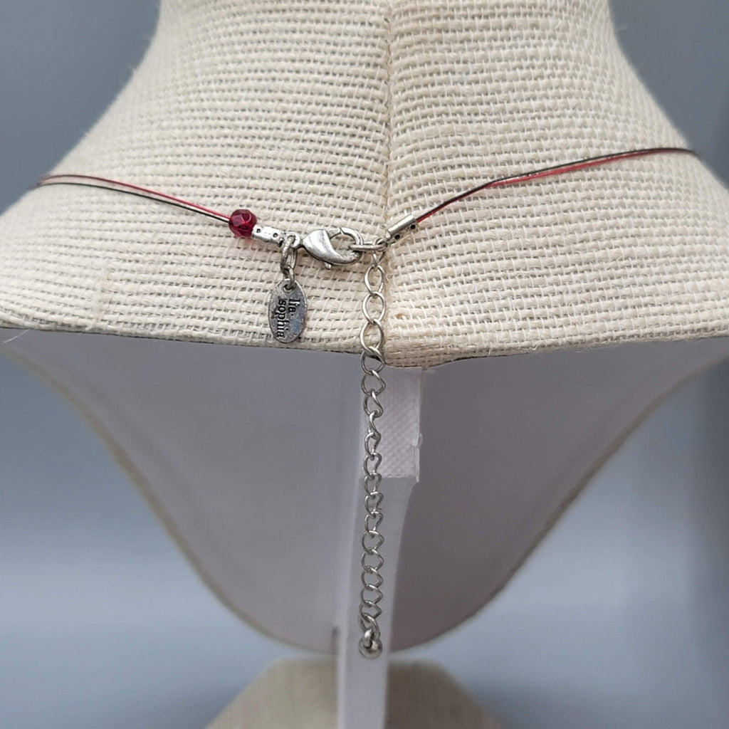 Bead Necklace Silver tone Red Faceted Beads Red Cord 18"