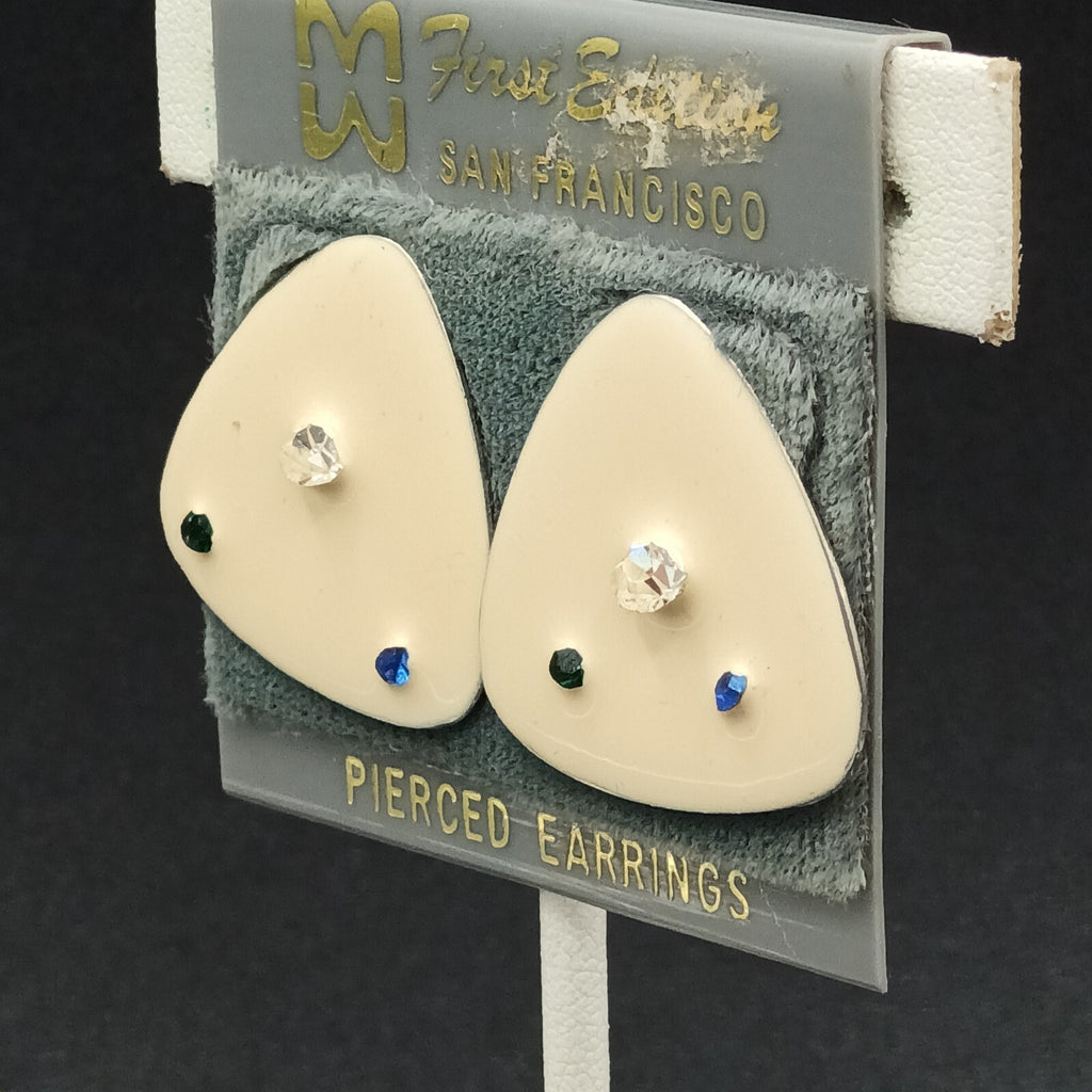 Vintage Pierced Earrings White Enamel Blue Clear Crystal Accent Triangle  1"