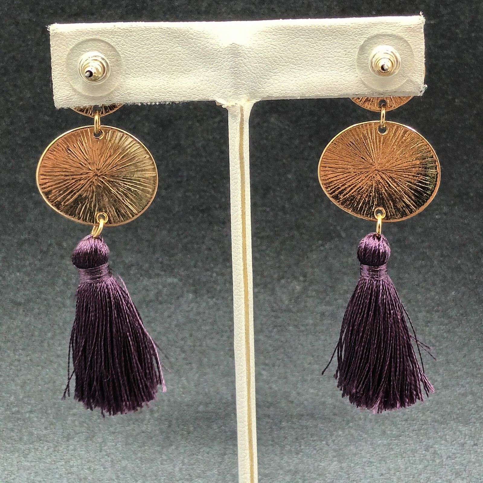 Pierced Earrings Gold tone Purple Tassel Statement Dangle 2 5/8"