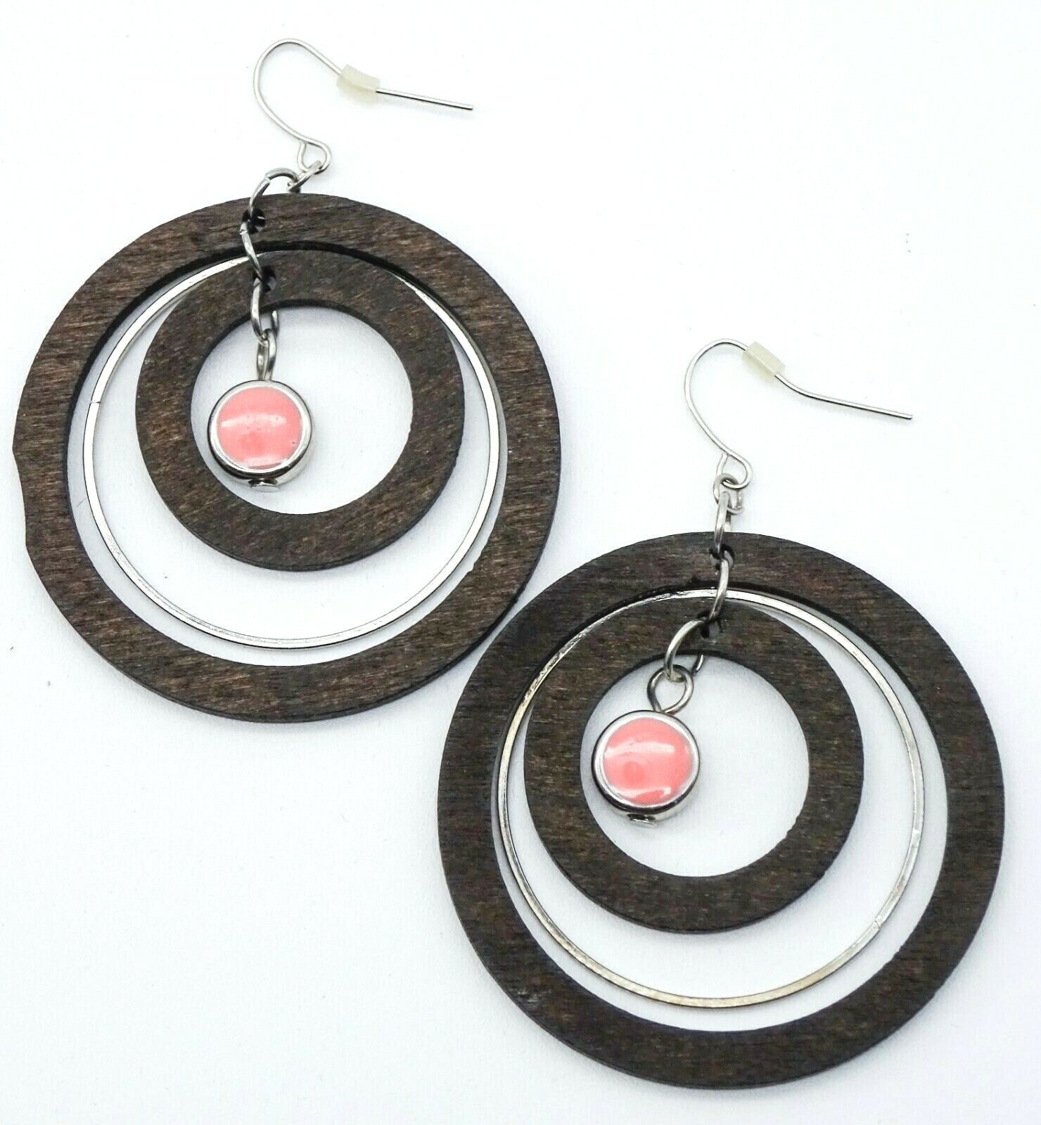 Large Wooden Spinner Circles Pierced Earrings 2" Silver tone Pink Enamel 