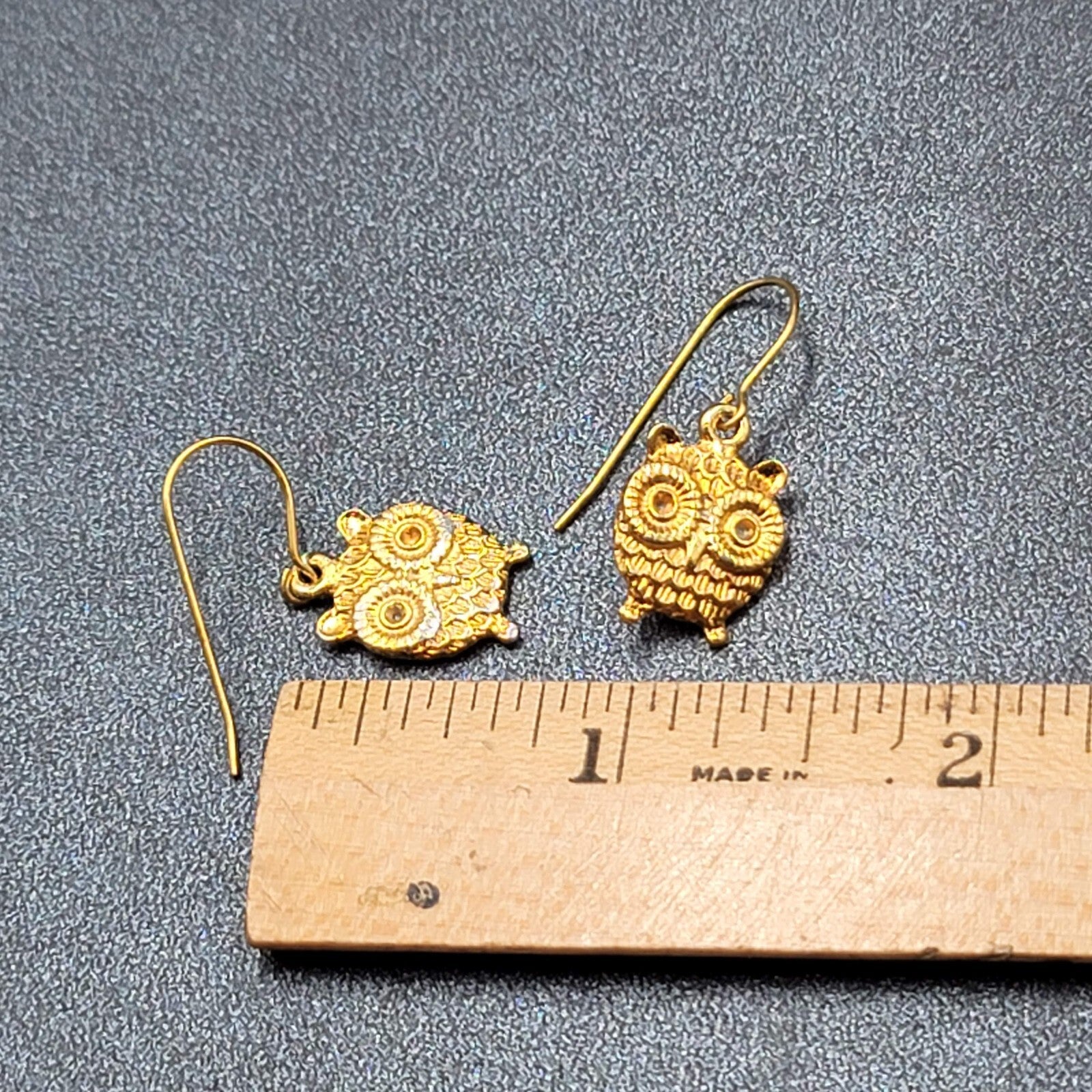 Pierced Earrings Gold tone Embossed Owl Dangle 5/8"