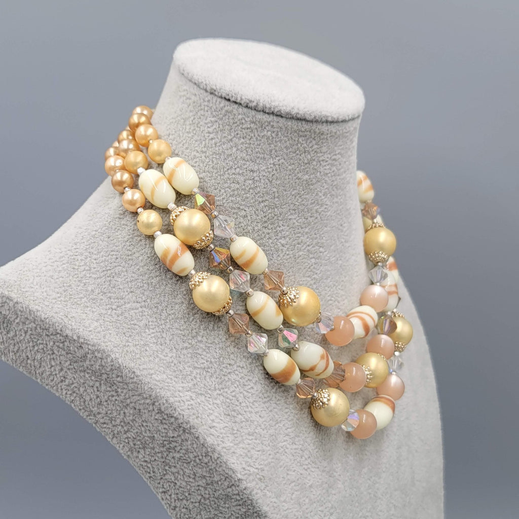 Vintage Triple Strand Necklace Beige Glass Moonstone Gold tone 