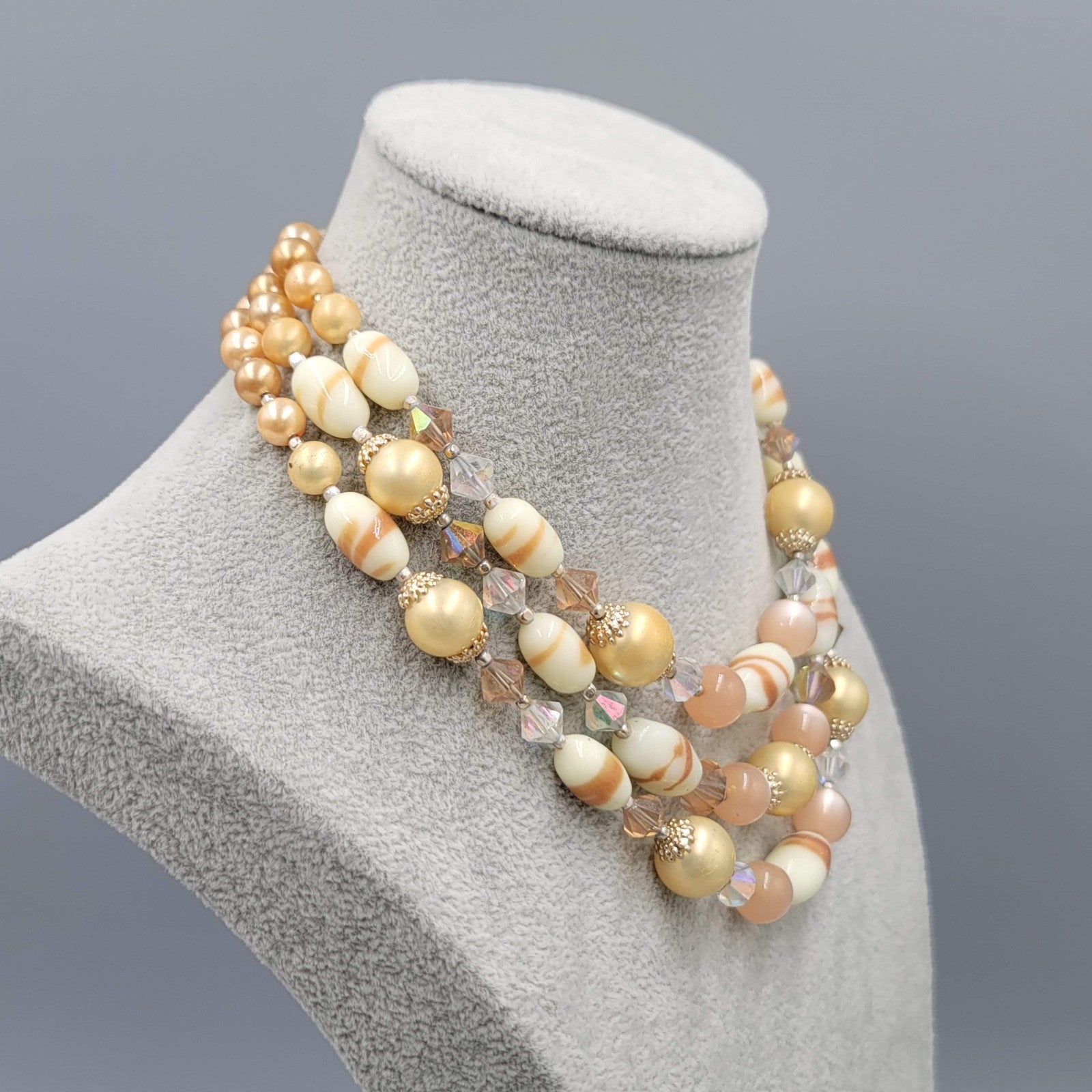 Vintage Triple Strand Necklace Beige Glass Moonstone Gold tone 
