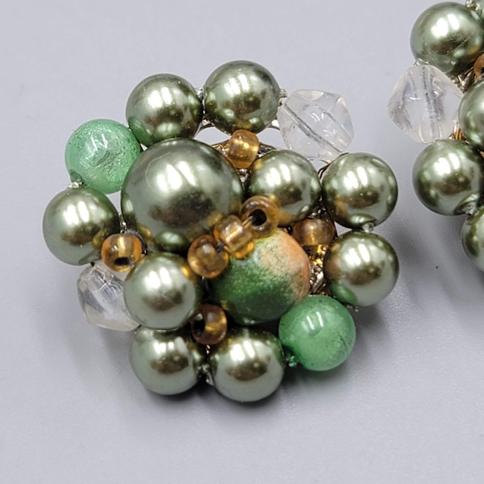 Vintage Green Cluster Bead Clip on Earrings 1"
