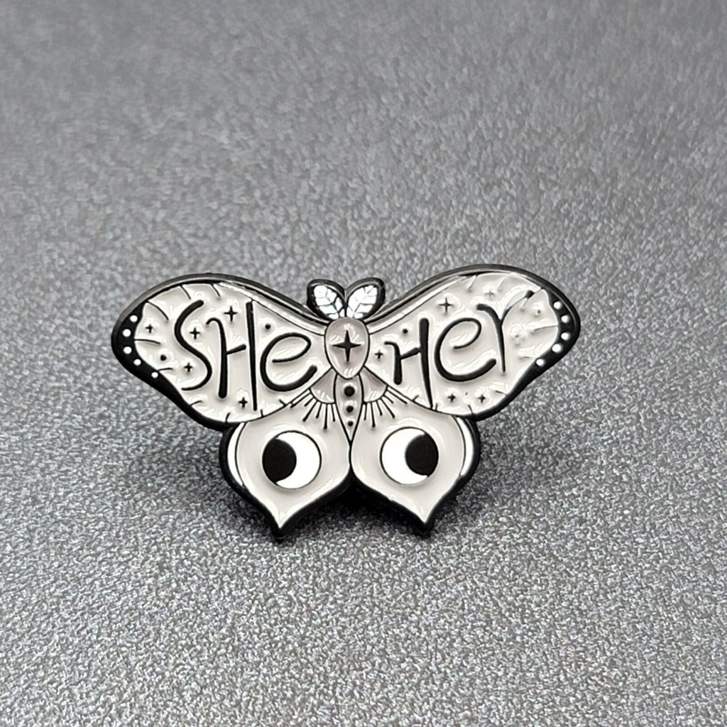 Moth She Her Black Gray Enamel Lapel Hat Pin 1 1/8"