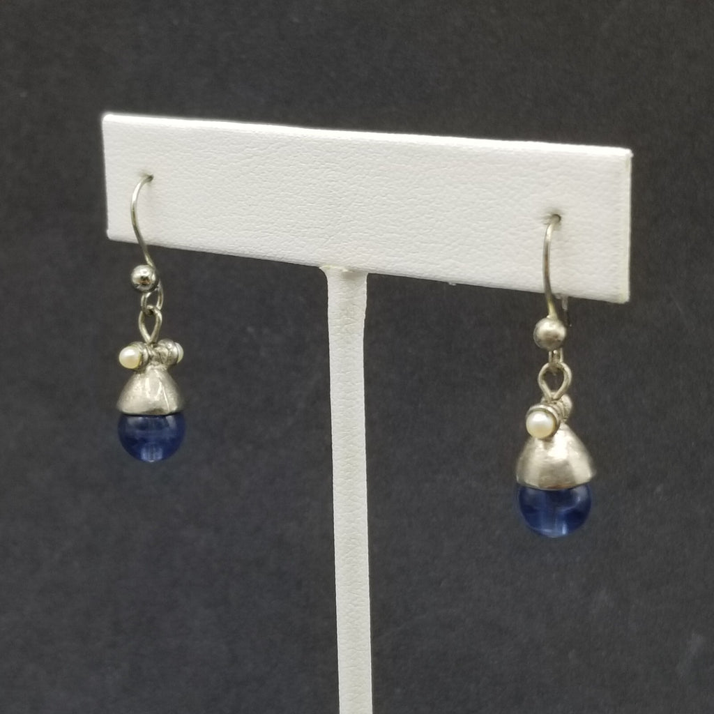 Pierced Earrings Silver tone Blue Crystal Bea Faux Pearl Dangle 1/2"