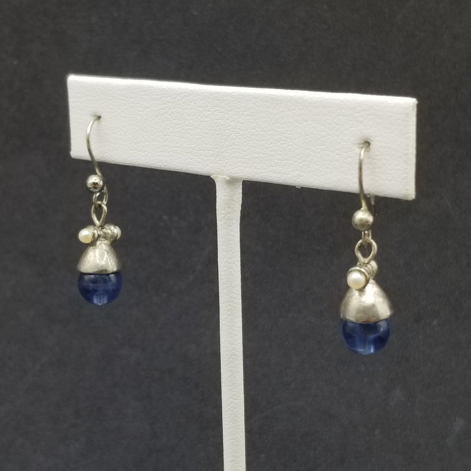 Pierced Earrings Silver tone Blue Crystal Bea Faux Pearl Dangle 1/2"