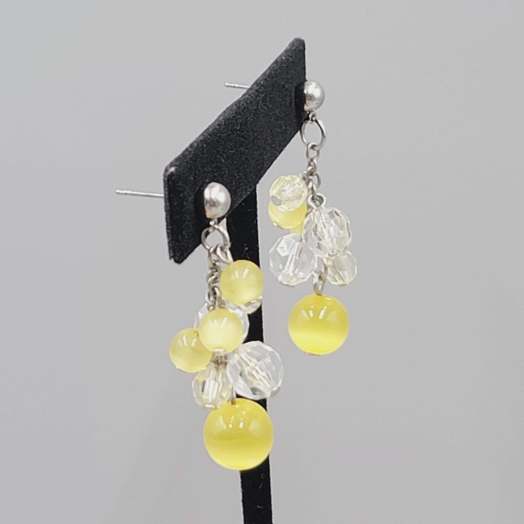 Pierced Earrings Silver tone Yellow Glass Bead Dangle 1.75"