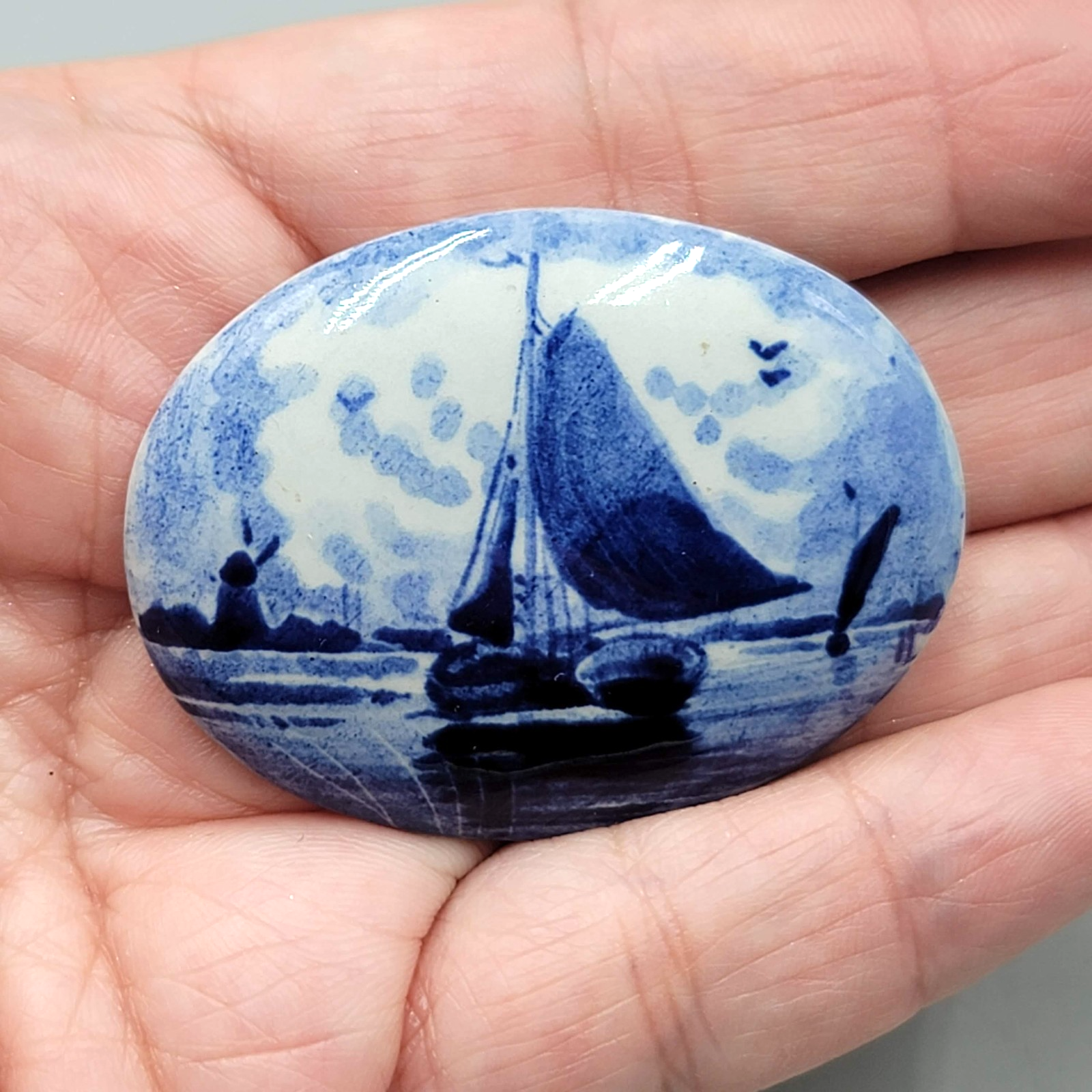 Vintage Blue White Holland Porcelain Brooch Boat Oval 2 in