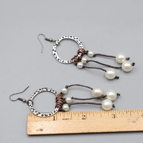 Boho Dangle Pierced Earrings Silver Tone Circle Faux Pearl Beads Gypsy 3"