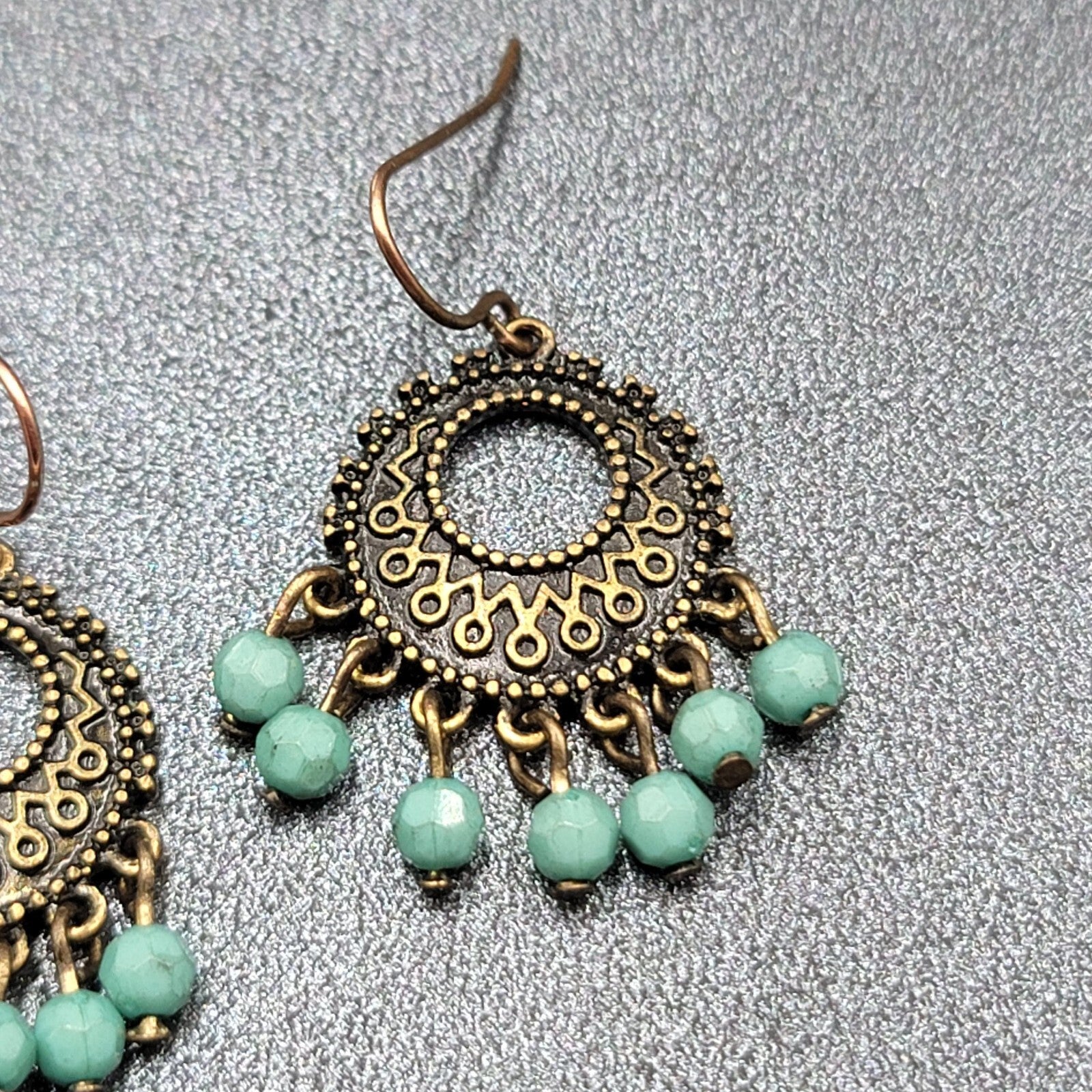 Pierced Earrings Bronze tone Blue Bead Medallion 1"