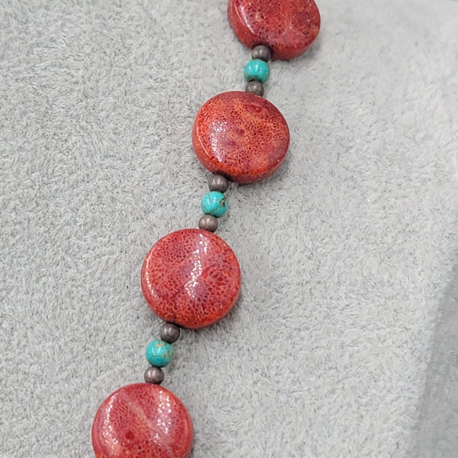 Vintage Coral and Turquoise Bead Necklace Silver tone Toggle 18 in