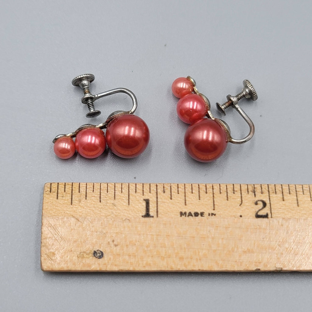 Vintage Clip on Earrings Cranberry Pink Bead Climber 7/8"