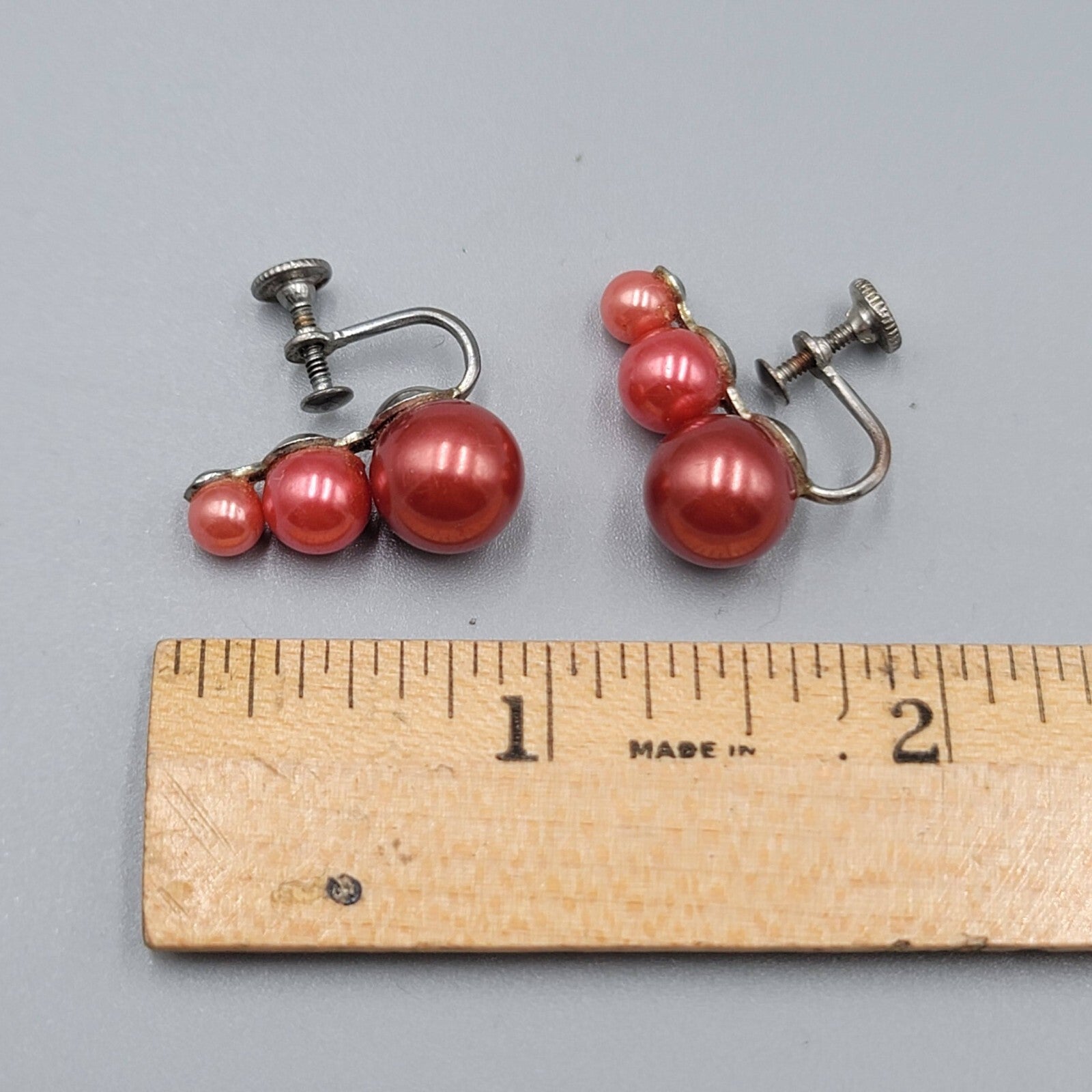 Vintage Clip on Earrings Cranberry Pink Bead Climber 7/8"