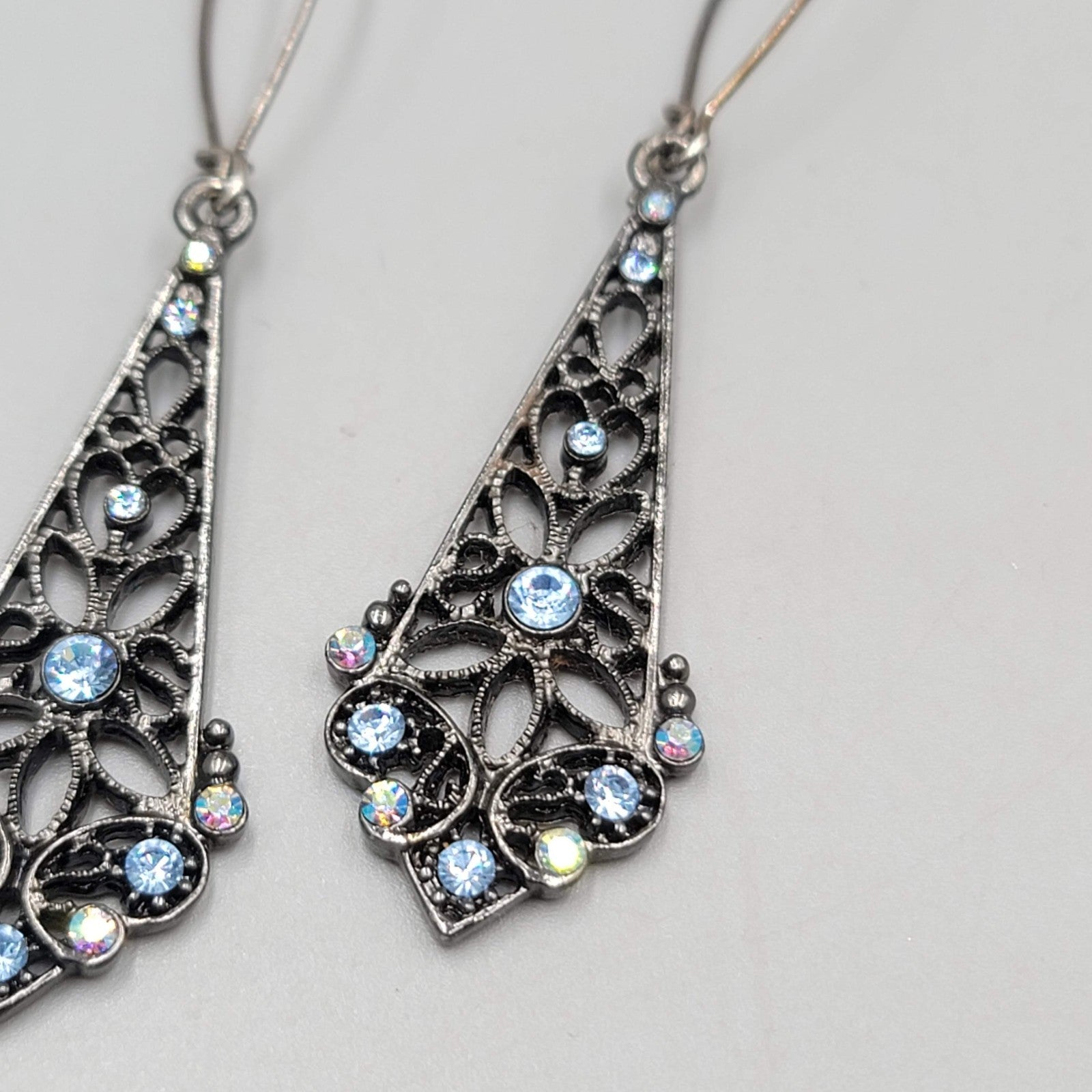 Black Metal Blue Rhinestone Pierced Earrings Long Dangle 2"