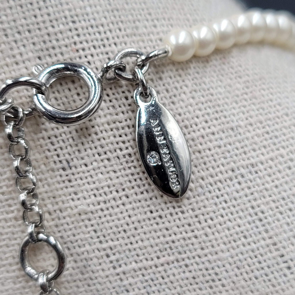 Ann Taylor Necklace Silver tone Chain Rhinestone Imitation Pearls Royal Blue 22"