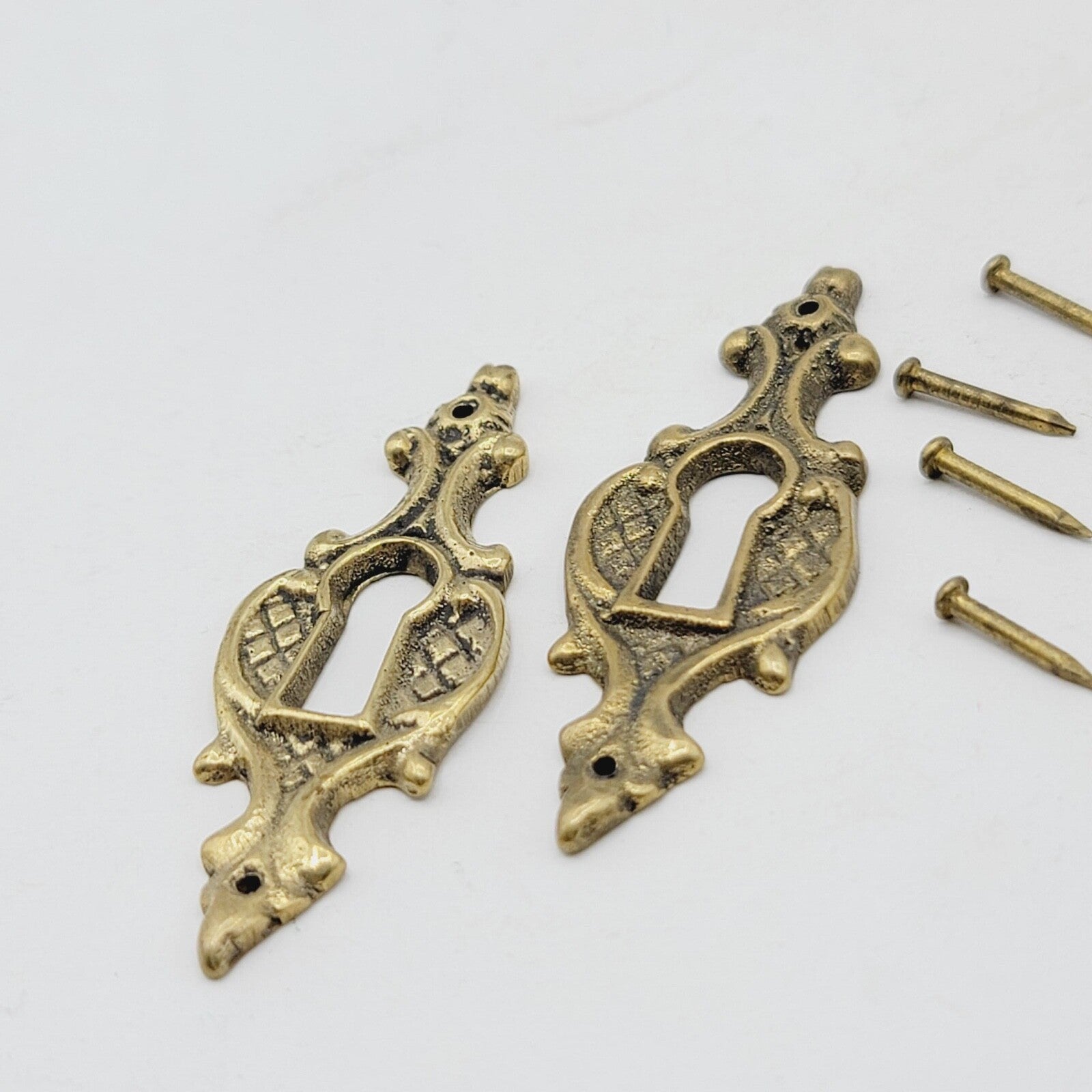 Set of 2  Vintage Oval Brass Skeleton Key hole Escutcheon Salvage Lot 4 Nails