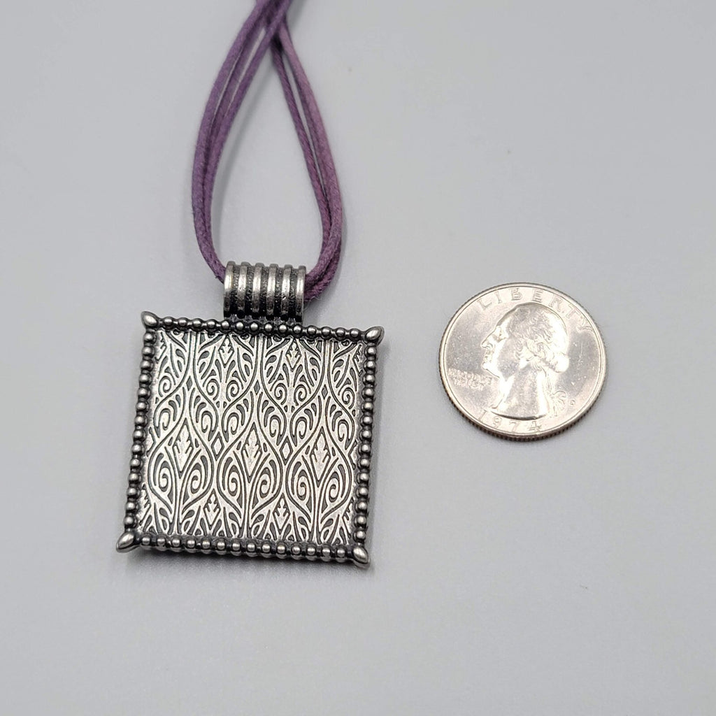 Lia Sophia Necklace Purple Cord Square Enamel Pendant Rhinestone  16"-19"