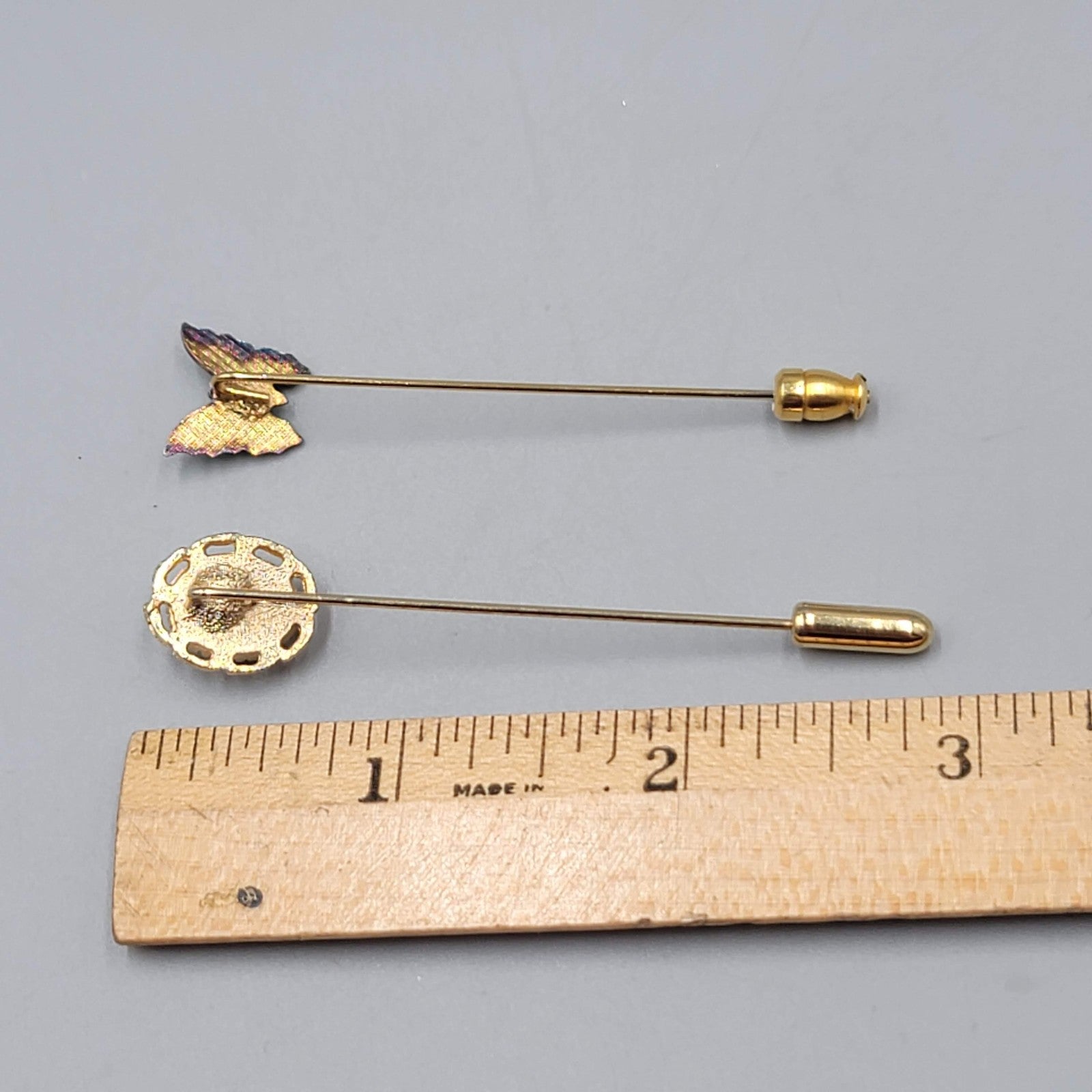 Vintage Gold Tone Stick Pins Butterfly Faux Pearl Enamel Oval Lapel Brooch Set