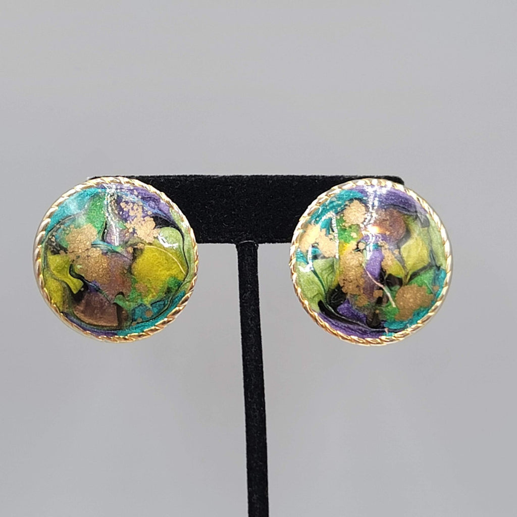 Vintage Green Purple Enamel Pierced Earrings Gold tone Round Drop 1.25"