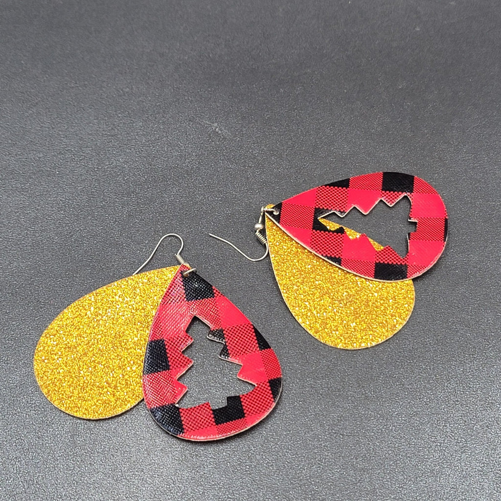 Pierced Earrings Faux Leather Gold Glitter Tree Red Plaid Silvertone Dangle 2.5"