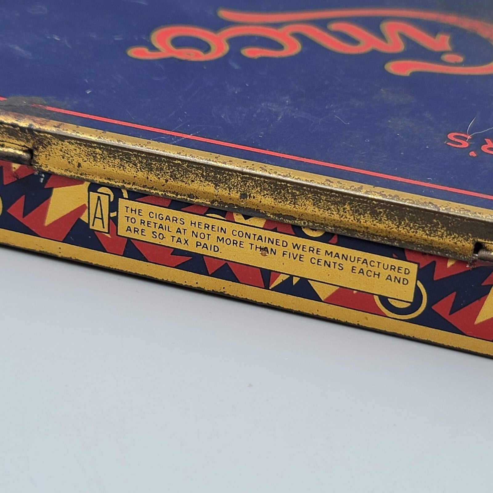 Vintage Cinco Eisenlohrs Cigar Hinged Tobacco Tin 5x8" Tax Stamp