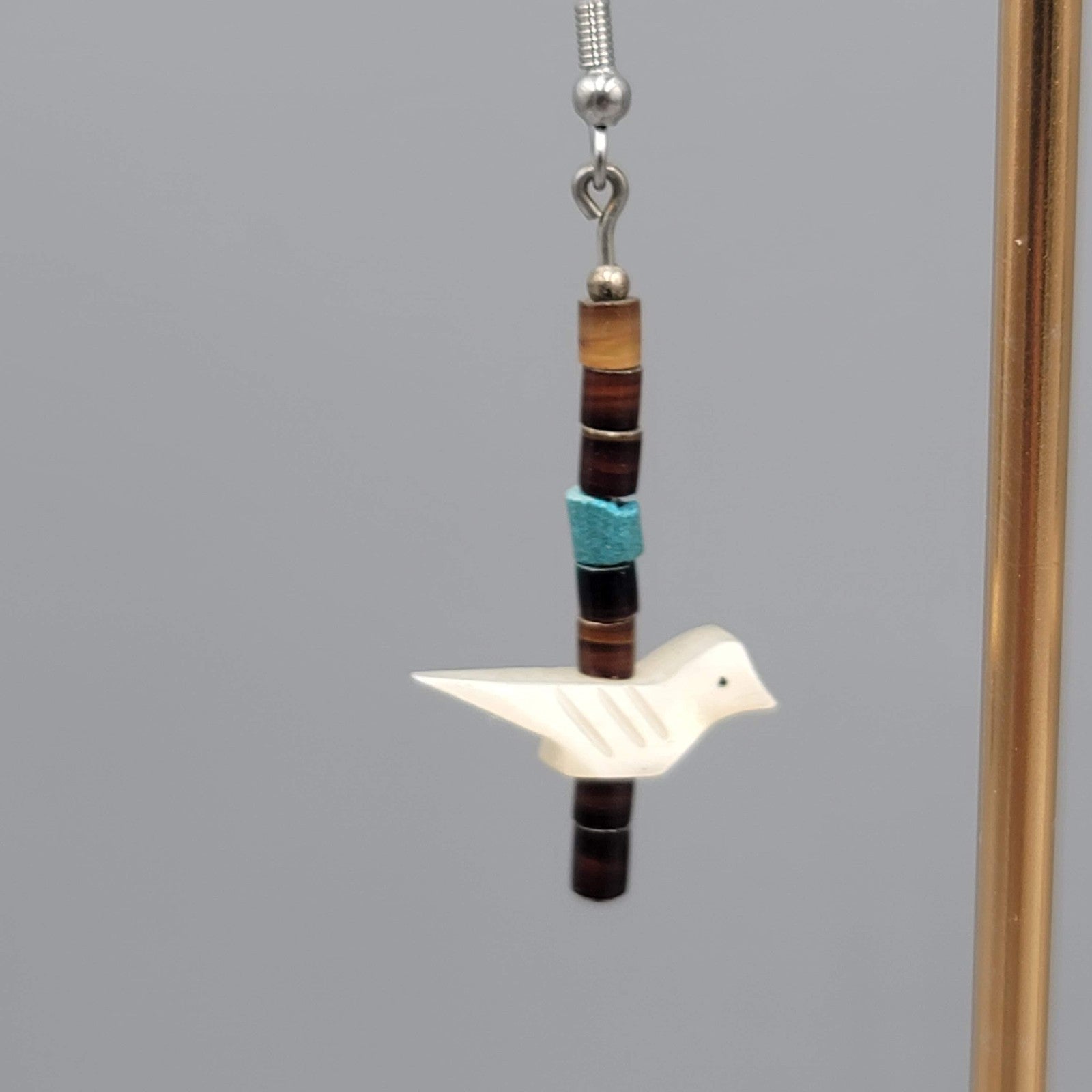 Vintage Bird Fetish Pierced Earrings Heishi Shell Beads Silver tone Dangle 1.5"