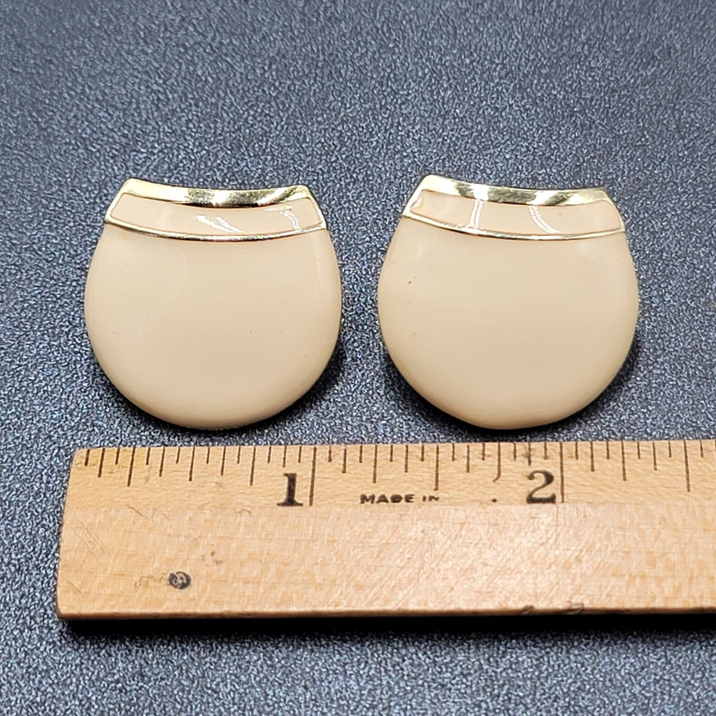 Vintage Pierced Earrings Gold tone White Enamel Statement 1"