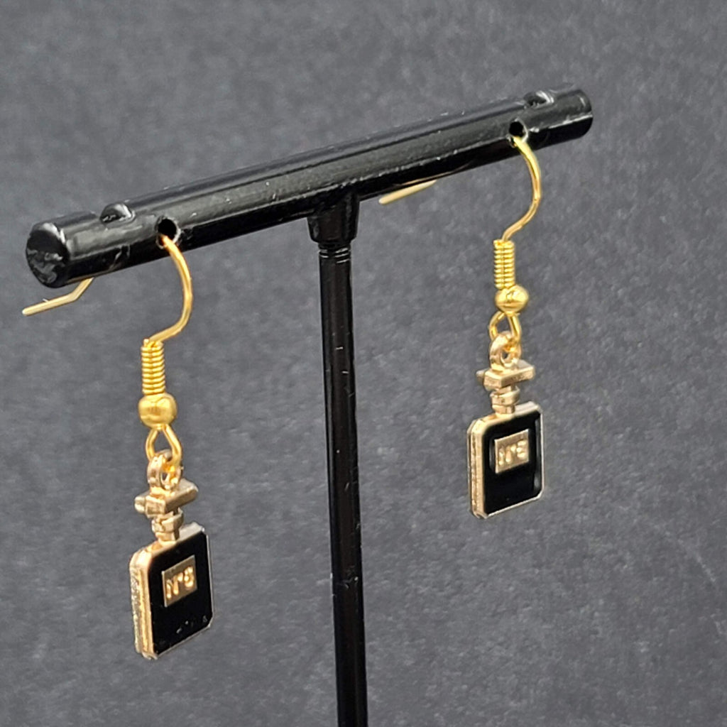 No 5 Perfume Pierced Earrings Gold tone Black Enamel Dangle 5/8"