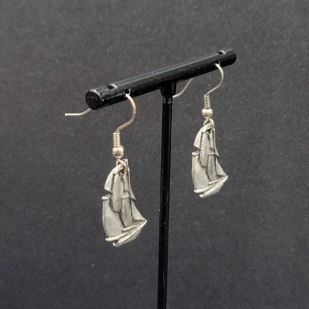 Vintage Ship Pierced Earrings Pewter Silver tone Dangle Nautical 7/8"