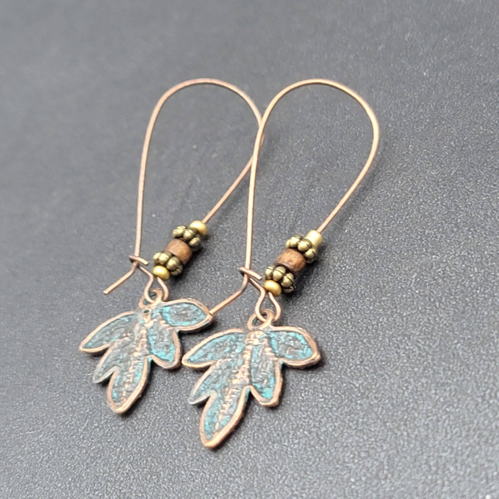 Pierced Earrings Bronze tone Green Patina Leaf Beaded Dangle 2.25"