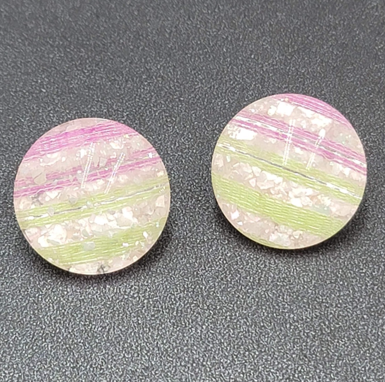 Vintage Clip on Earrings Purple Green White Lucite Round Button Studs 1"