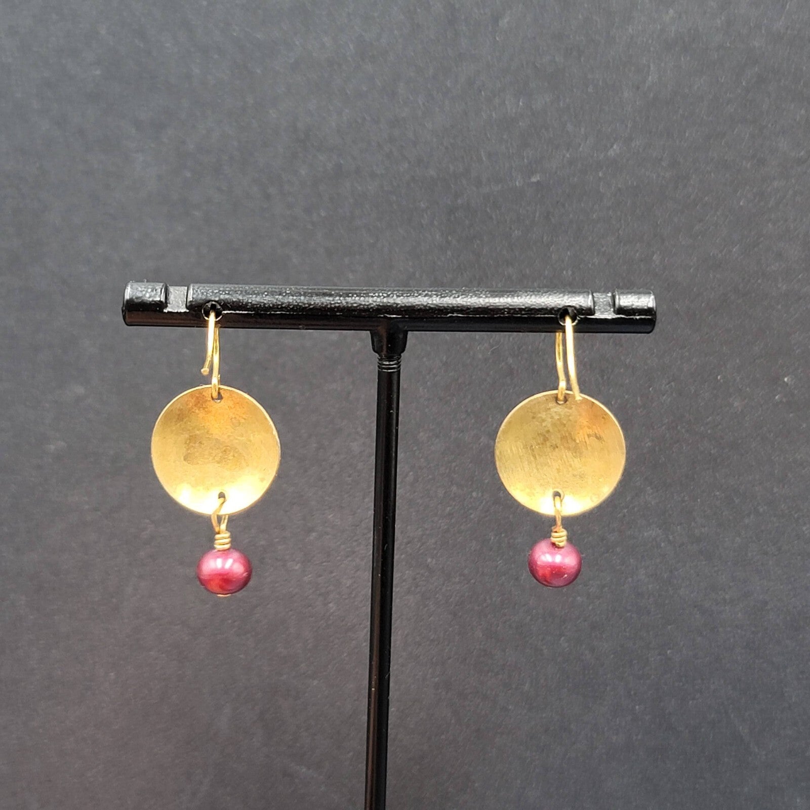 Pierced Earrings Brushed Gold Plated Embossed Disk Red Bead 1"