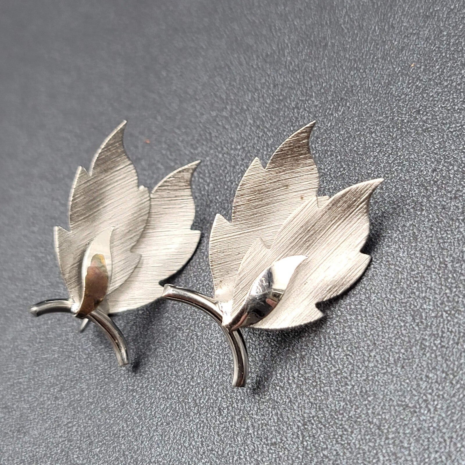 Vintage Clip on Earrings Brushed Silver tone Leaves Climber 1.5"