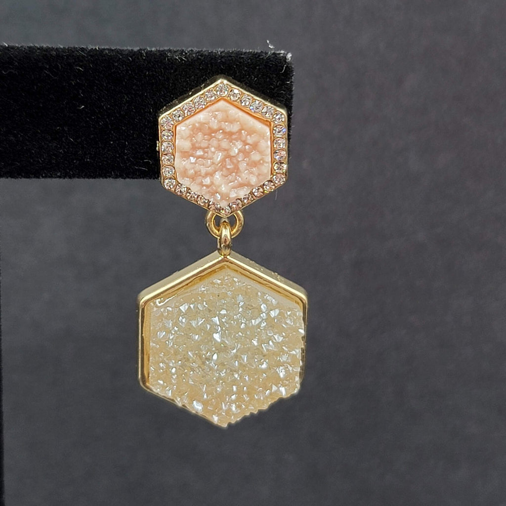 Sugar Fix Pierced Earrings Acrylic Pink Druzy Hexagon Dangle Gold tone 1.5"