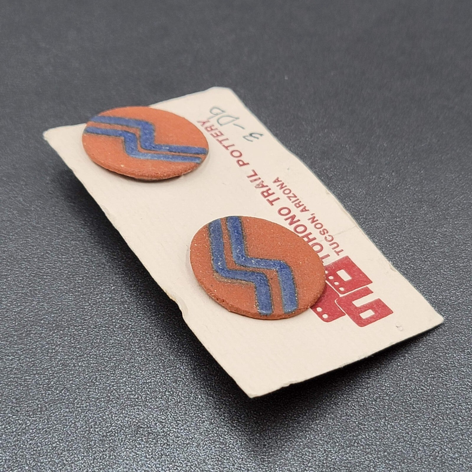 Vintage Tohono Trail Pottery Pierced Earrings Red Blue Disc Textured 1 1/8"