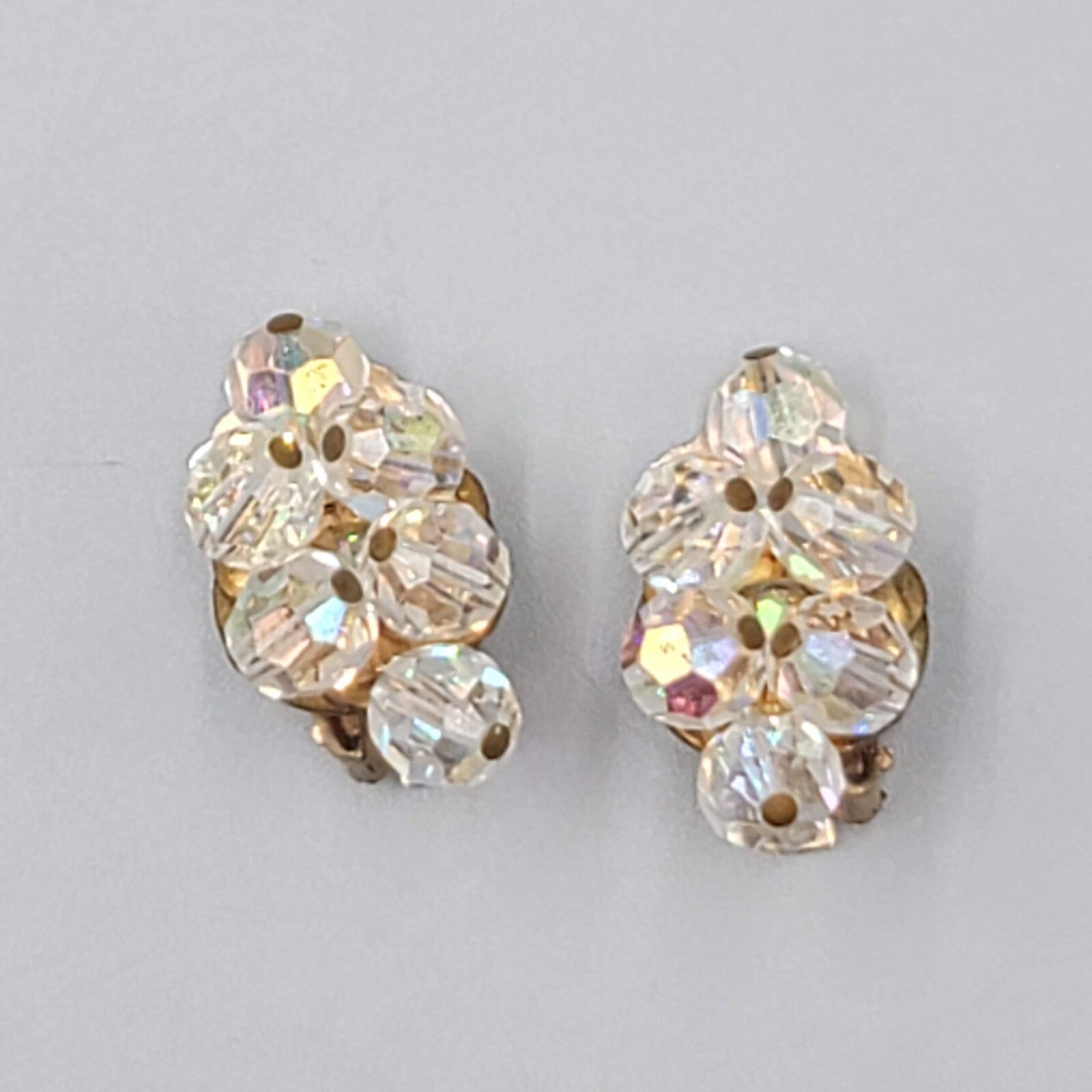 Vintage AB Bead Clip on Earrings Aurora Borealis Gold tone 1"