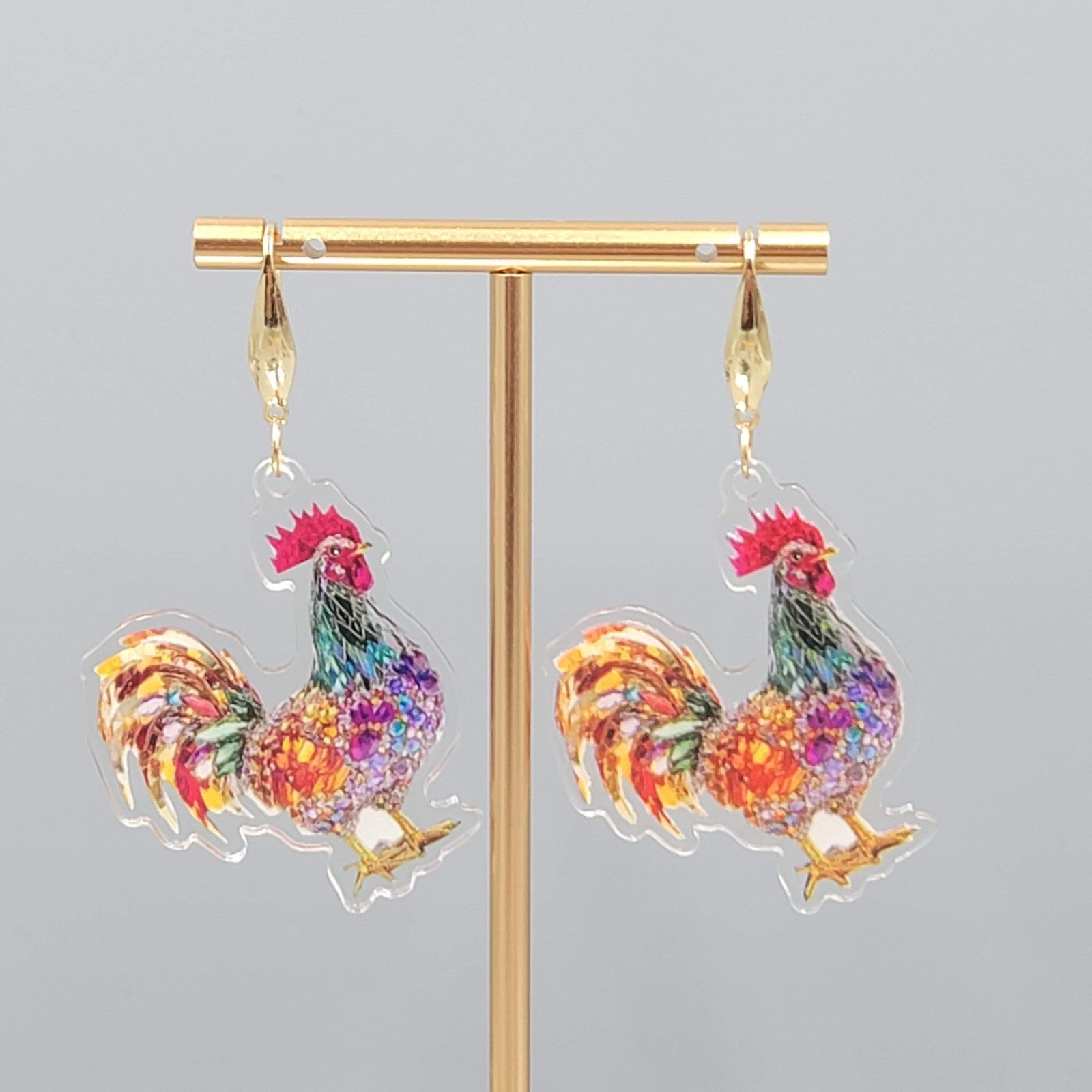 Multicolor Mosiac Rosster Pierced Earrings Acrylic Dangle Gold tone Hook 1.75"