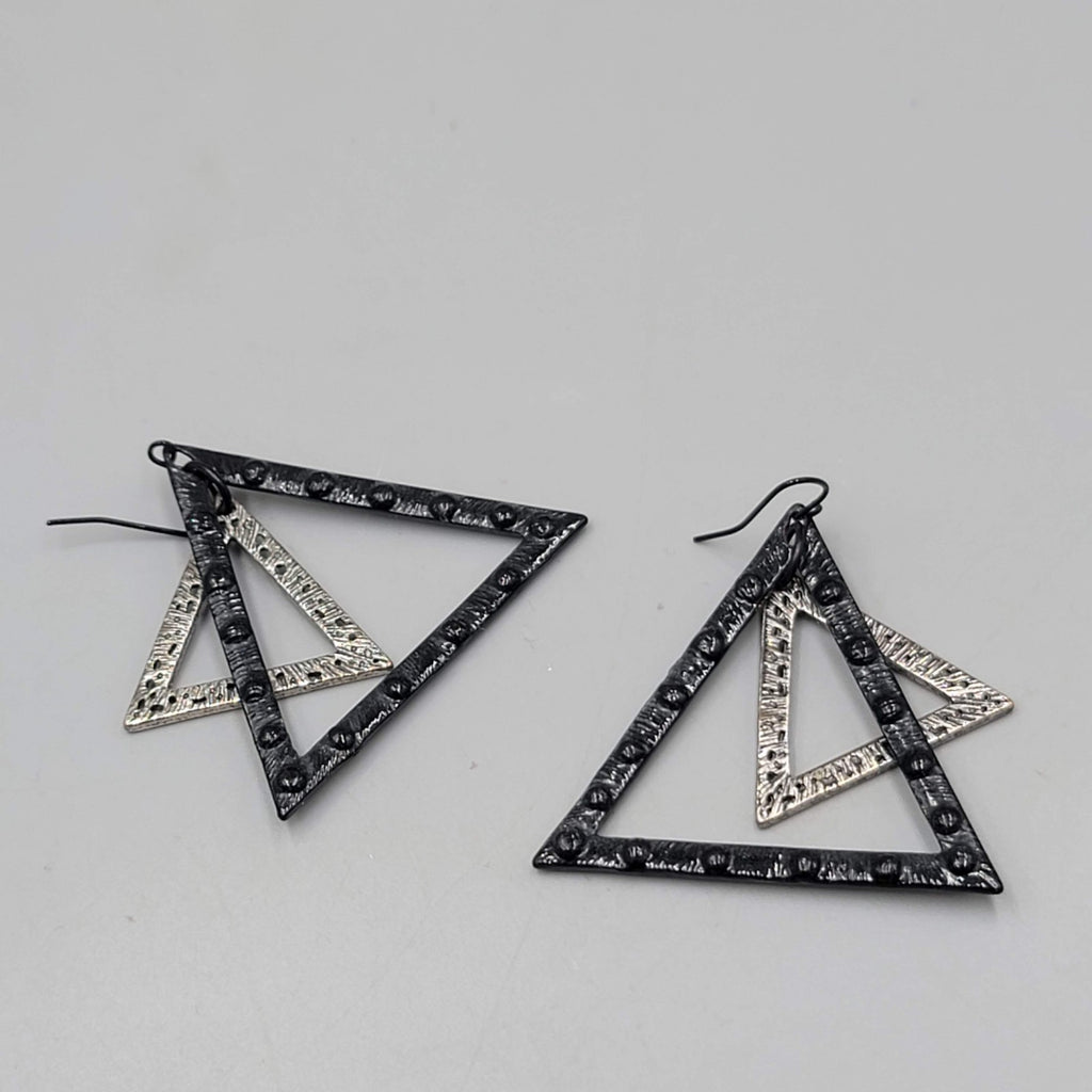 Black Enamel Double Triangle Pierced Earrings Dangle 1.75"