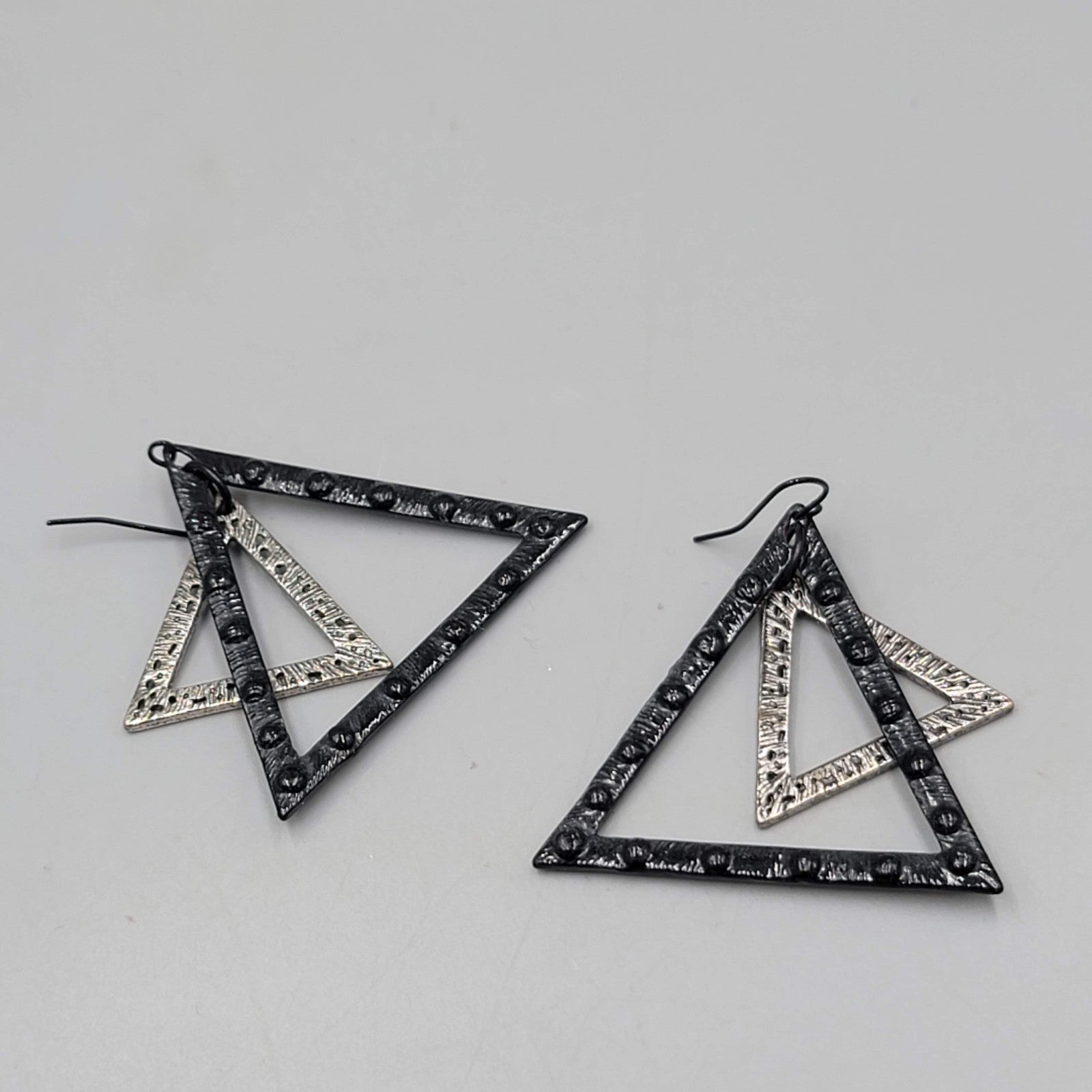 Black Enamel Double Triangle Pierced Earrings Dangle 1.75"